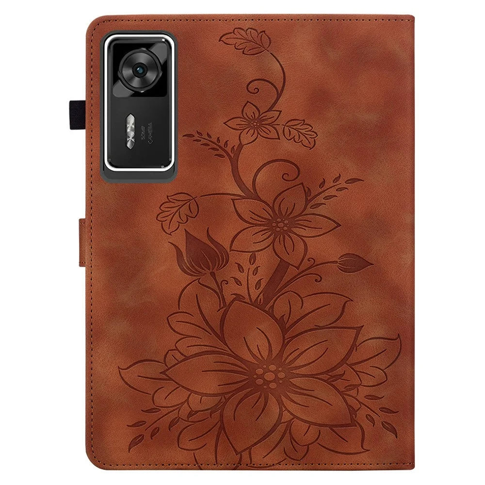For Lenovo Legion Y700 Gen 4 Case Lily Flower Imprint Card Slots Leather Tablet Cover - Brown - 5