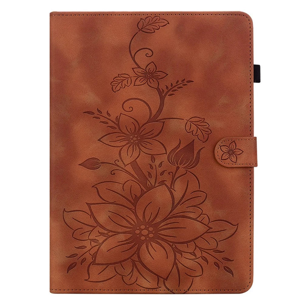 For Lenovo Legion Y700 Gen 4 Case Lily Flower Imprint Card Slots Leather Tablet Cover - Brown - 6
