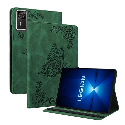 For Lenovo Legion Y700 Gen 4 Case Butterfly Flower Imprint PU Leather Tablet Cover with Card Slots - Green - 1