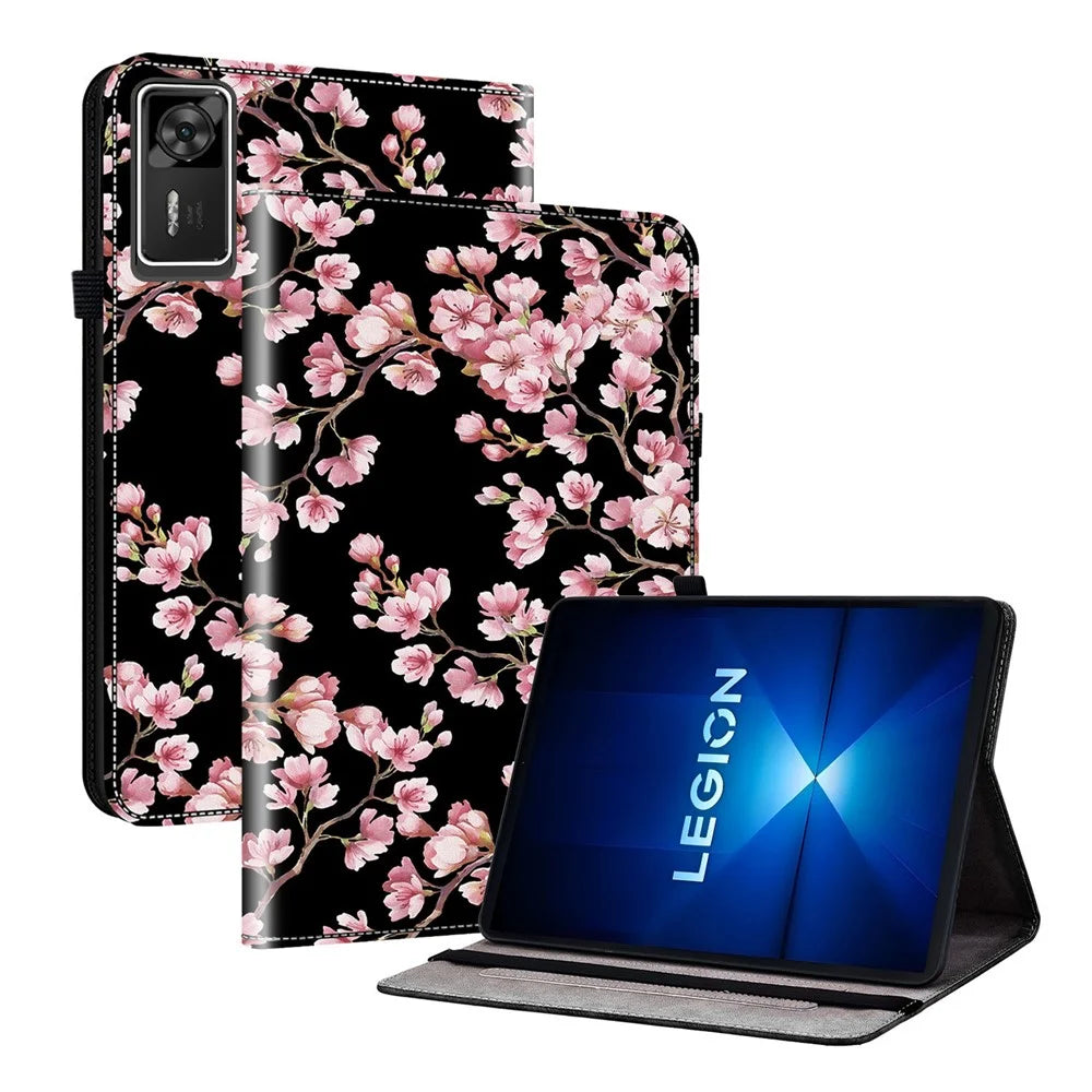 For Lenovo Legion Y700 Gen 4 Leather Case Pattern Printed Stand Tablet Cover with Card Slots - Plum Blossom - 1