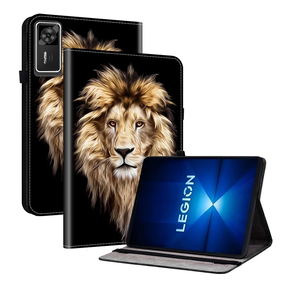 For Lenovo Legion Y700 Gen 4 Leather Case Pattern Printed Stand Tablet Cover with Card Slots - Lion Head - 1
