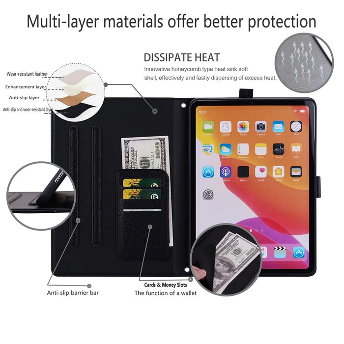 Wallet Case for iPad Air 10.5 inch (2019) / iPad 10.2 (2021) / (2020) / (2019) 3D Effect Cat Pattern Leather Stand Tablet Cover - Black - 2