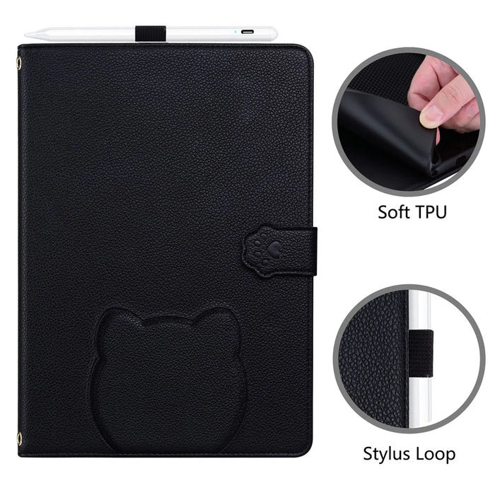 For iPad (2025) / iPad 10.9 (2022) Case 3D Effect Cat Pattern Leather Stand Tablet Cover with Wallet, Stylus Holder - Black - 5