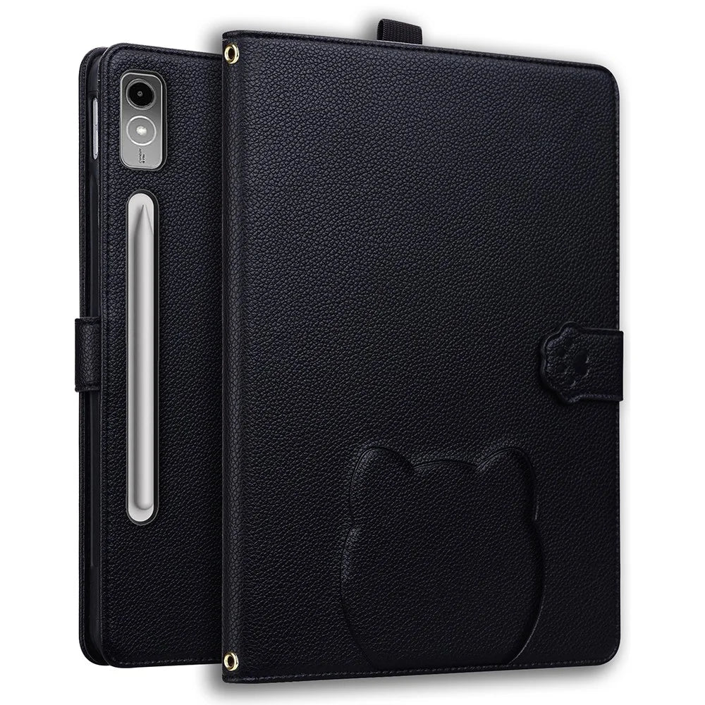 For Lenovo Tab P12 Case 3D Effect Cat Pattern Leather Stand Tablet Cover with Wallet, Stylus Holder - Black - 1