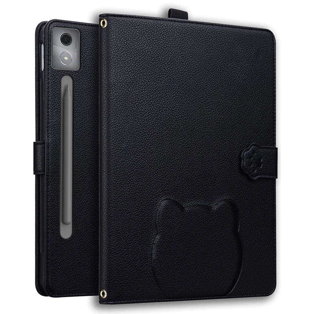 For Lenovo Xiaoxin Pad Pro 12.7 (2025) Case 3D Effect Cat Pattern Leather Stand Tablet Cover with Wallet, Stylus Holder - Black - 1