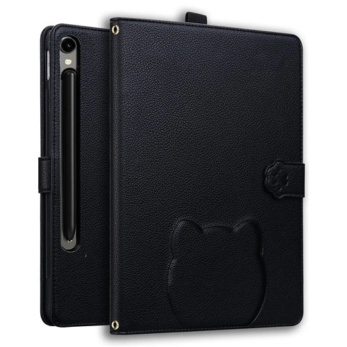 Wallet Case for Samsung Galaxy Tab S10 FE+ Leather Stand Tablet Cover with Stylus Holder, 3D Effect Cat Pattern - Black - 1