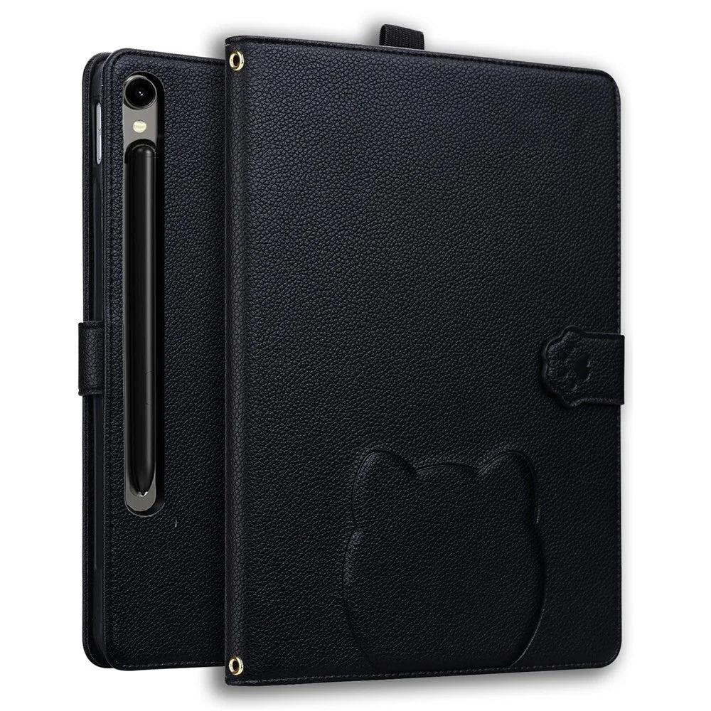 Wallet Case for Samsung Galaxy Tab S10 FE+ Leather Stand Tablet Cover with Stylus Holder, 3D Effect Cat Pattern - Black - 1