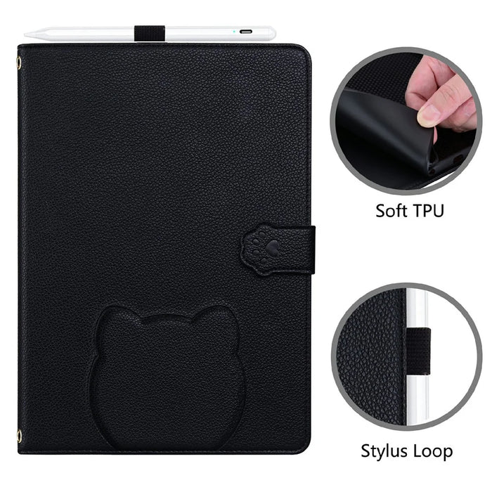 Wallet Case for Samsung Galaxy Tab A9+ Leather Stand Tablet Cover with Stylus Holder, 3D Effect Cat Pattern - Black - 6