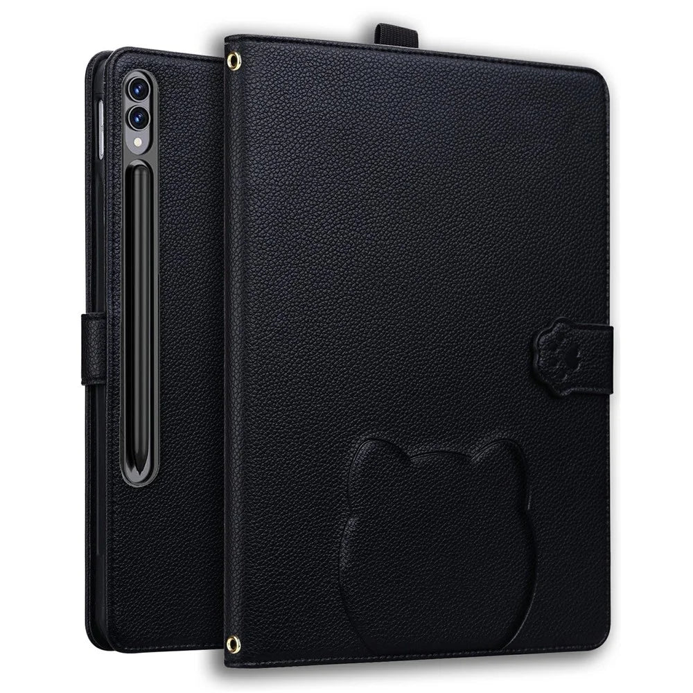 Wallet Case for Samsung Galaxy Tab S10+ / S9 FE+ / S9+ / S8+ Leather Stand Tablet Cover with Stylus Holder, 3D Effect Cat Pattern - Black - 1