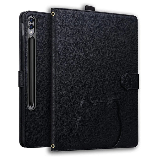 Wallet Case for Samsung Galaxy Tab S10+ / S9 FE+ / S9+ / S8+ Leather Stand Tablet Cover with Stylus Holder, 3D Effect Cat Pattern - Black - 1