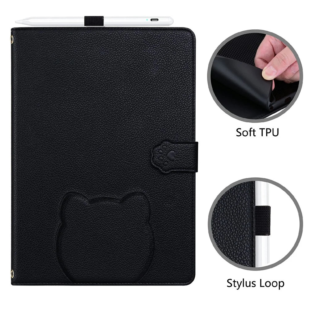 Wallet Case for Samsung Galaxy Tab S10+ / S9 FE+ / S9+ / S8+ Leather Stand Tablet Cover with Stylus Holder, 3D Effect Cat Pattern - Black - 6