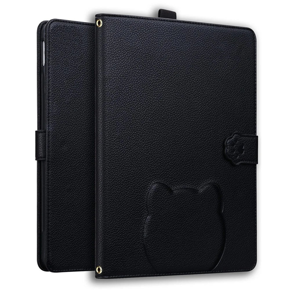Wallet Case for Amazon Kindle Paperwhite (2024) Leather Stand Tablet Cover with Stylus Holder, 3D Effect Cat Pattern - Black - 1