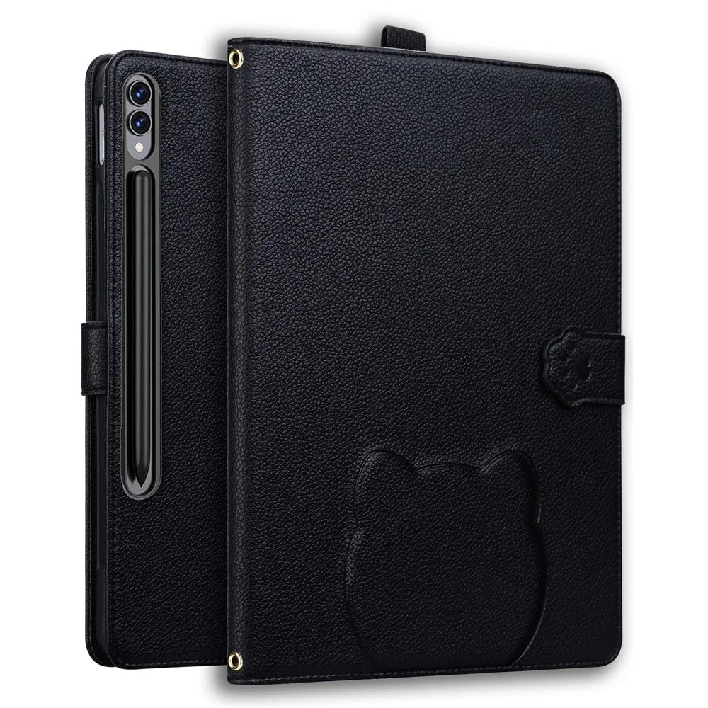 Wallet Case for Samsung Galaxy Tab S10 Ultra / S9 Ultra / S8 Ultra Leather Stand Tablet Cover with Stylus Holder, 3D Effect Cat Pattern - Black - 1