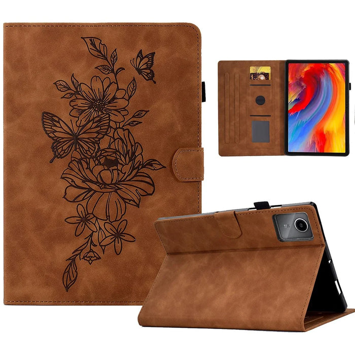 For Lenovo Xiaoxin Pad 11 2025 Case Flower Butterfly Imprinted Card Slots Leather Cover - Brown - 1