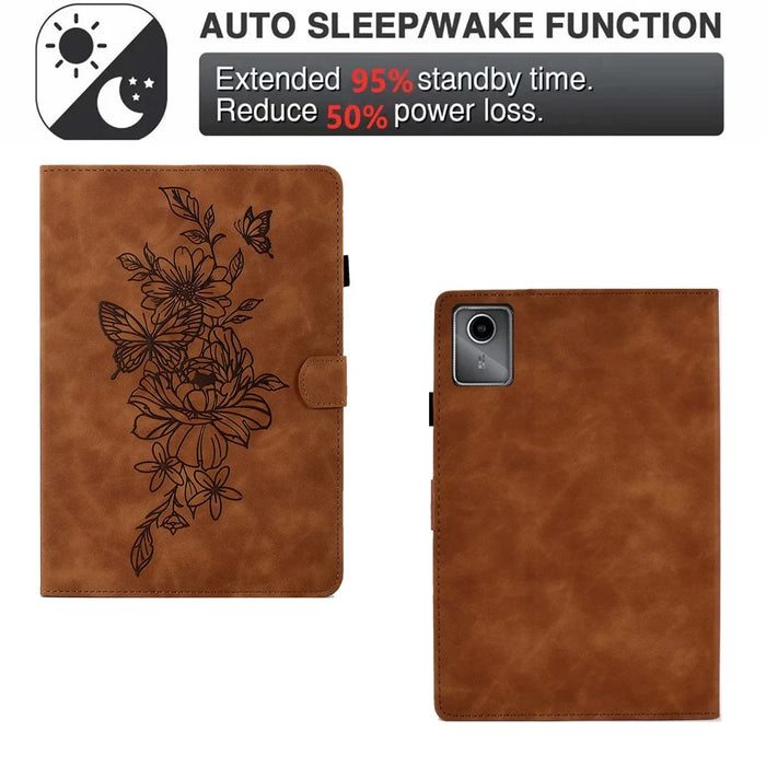 For Lenovo Xiaoxin Pad 11 2025 Case Flower Butterfly Imprinted Card Slots Leather Cover - Brown - 5