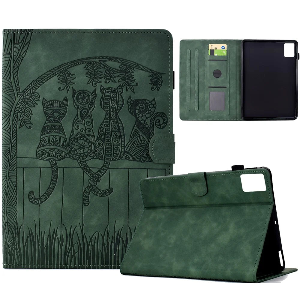 For Lenovo Xiaoxin Pad 11 2025 Case Cats Imprinted PU Leather Card Slots Tablet Cover - Green - 1