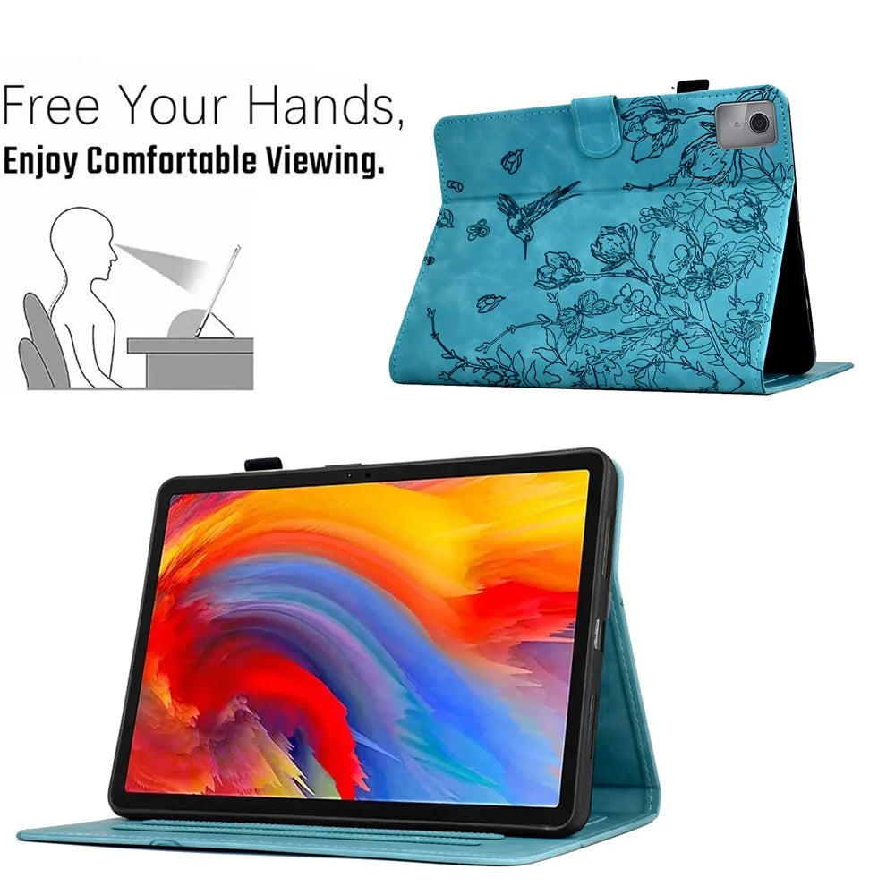 For Lenovo Xiaoxin Pad 11 2025 Case Flower Bird Imprinted Card Holder Leather Tablet Cover - Baby Blue - 6
