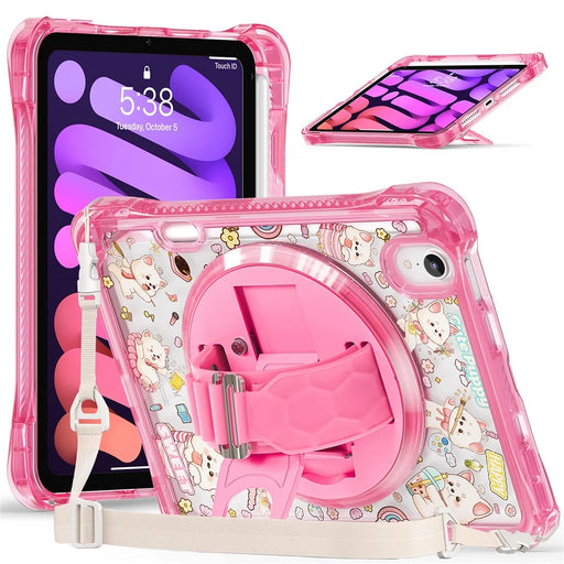 For iPad mini (2024) / (2021) Case Kickstand Hand Strap Imprint PC TPU Acrylic Cover with Shoulder Strap - Pink - 1