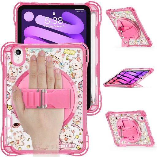 For iPad mini (2024) / (2021) Case Kickstand Hand Strap Imprint PC TPU Acrylic Cover with Shoulder Strap - Pink - 2