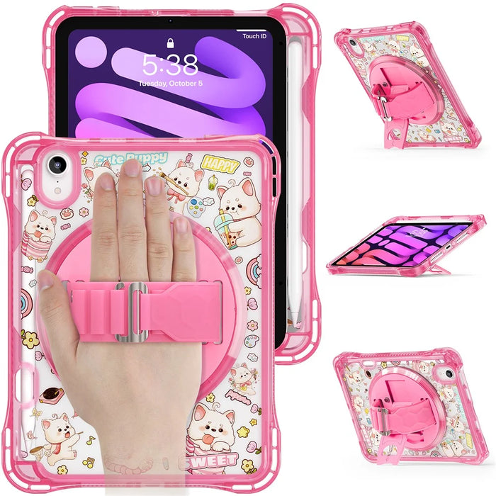 For iPad mini (2024) / (2021) Case Kickstand Hand Strap Imprint PC TPU Acrylic Cover with Shoulder Strap - Pink - 2