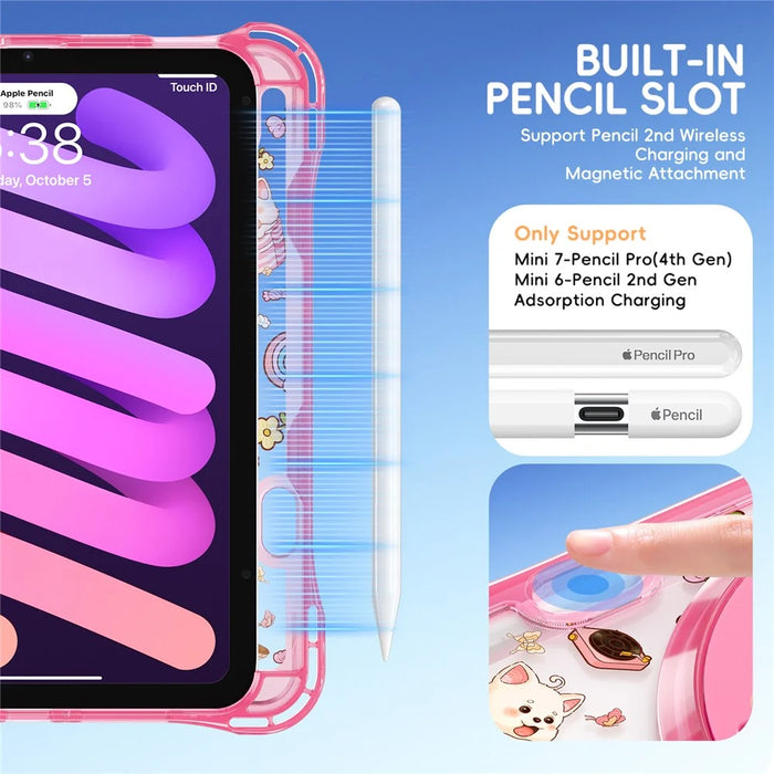 For iPad mini (2024) / (2021) Case Kickstand Hand Strap Imprint PC TPU Acrylic Cover with Shoulder Strap - Pink - 4