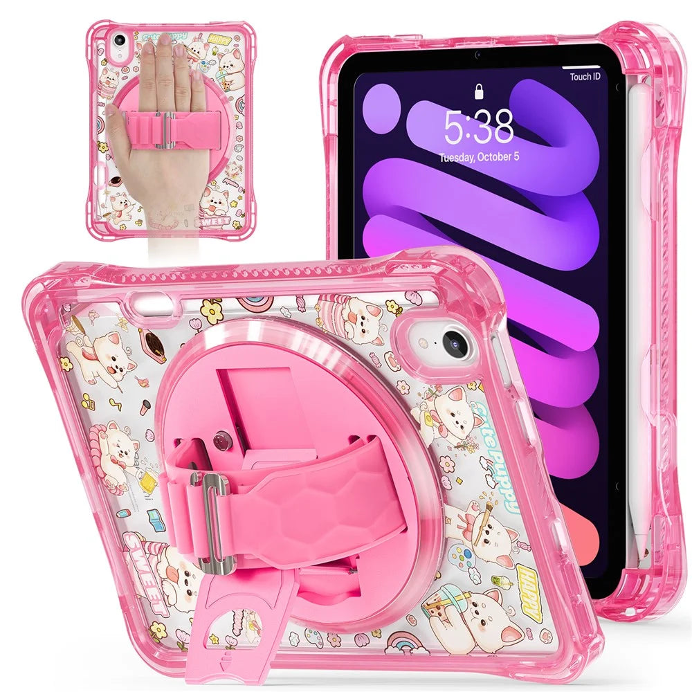 For iPad mini (2024) / (2021) Case Kickstand Hand Strap Imprint PC + TPU + Acrylic Tablet Cover - Pink - 1