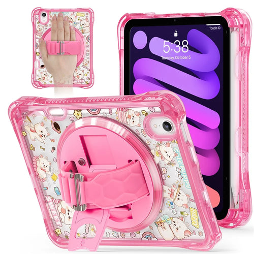 For iPad mini (2024) / (2021) Case Kickstand Hand Strap Imprint PC + TPU + Acrylic Tablet Cover - Pink - 1