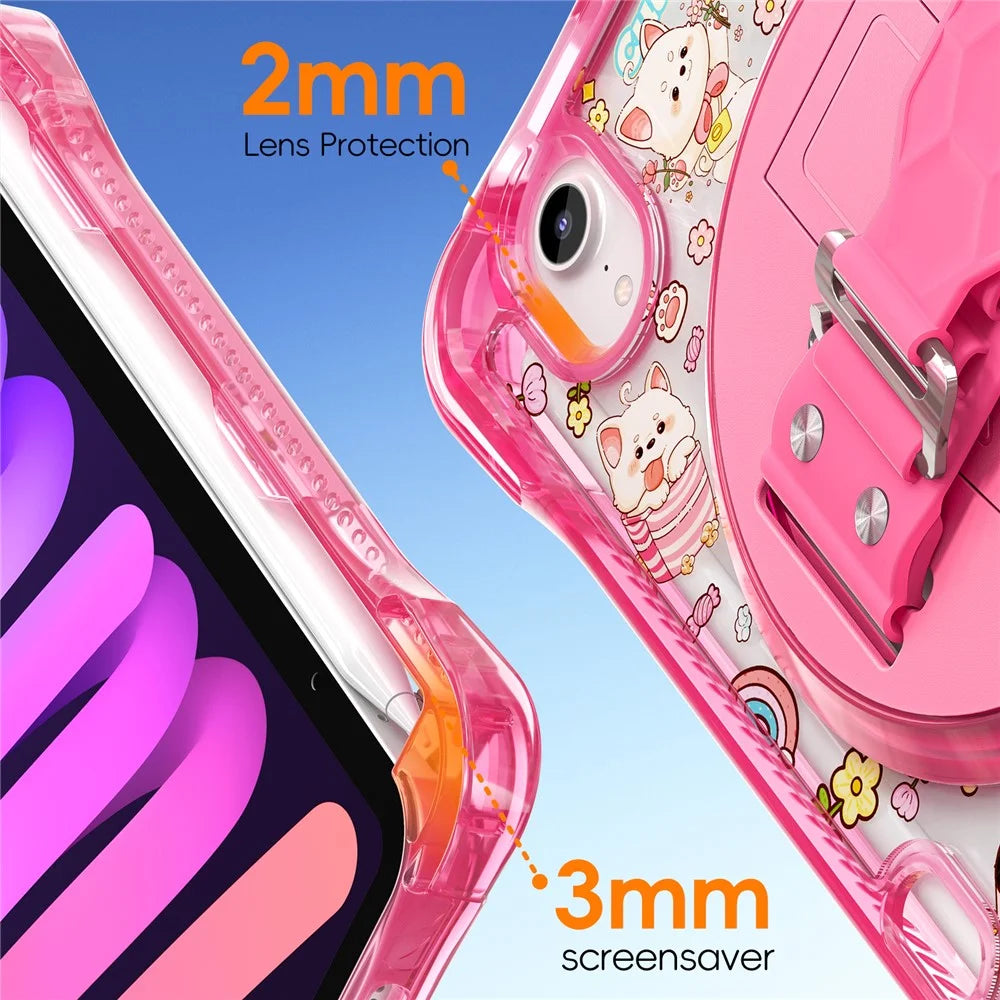 For iPad mini (2024) / (2021) Case Kickstand Hand Strap Imprint PC + TPU + Acrylic Tablet Cover - Pink - 5