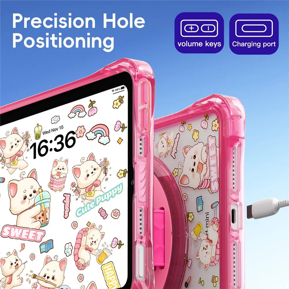 For iPad mini (2024) / (2021) Case Kickstand Hand Strap Imprint PC + TPU + Acrylic Tablet Cover - Pink - 7