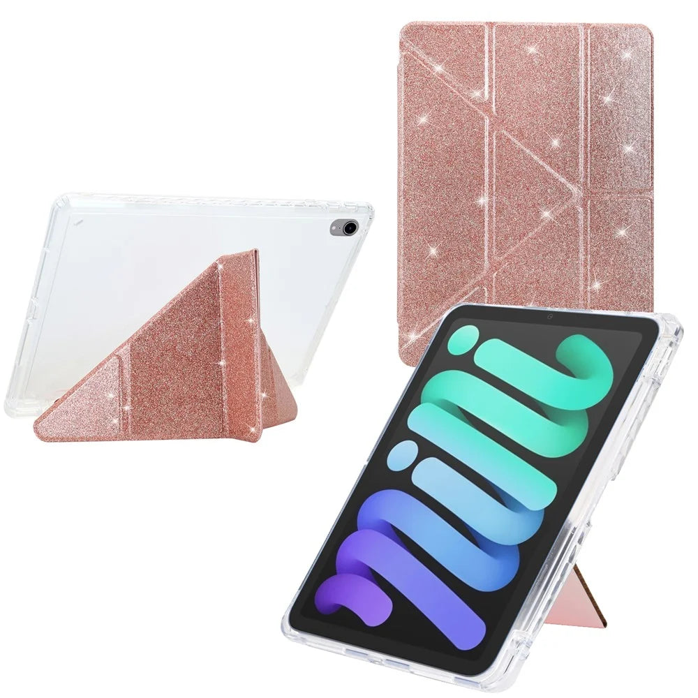 For iPad mini (2024)  /  (2021) Case Y-Fold Stand Glitter Leather TPU Acrylic Clear Tablet Cover - Rose Gold - 1