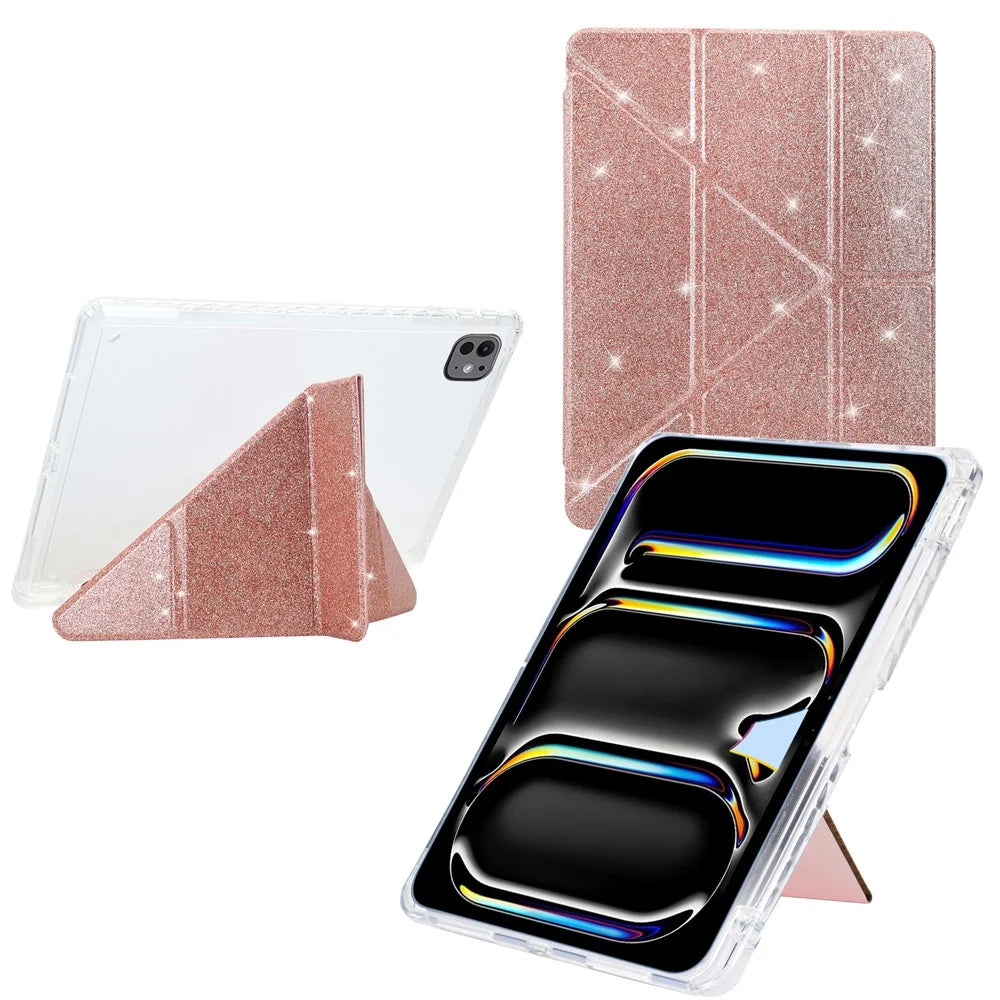 For iPad Pro 11 (2025) / 11 (2024) Case Y-Fold Stand Glitter Leather TPU Acrylic Clear Tablet Cover - Rose Gold - 1