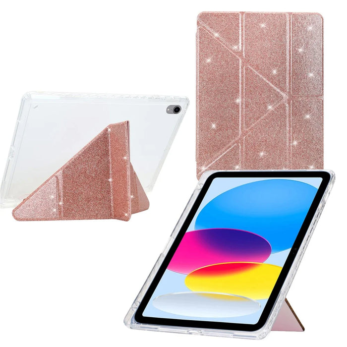 For iPad (2025)  /  10.9 (2022) Case Y-Fold Stand Glitter Leather TPU Acrylic Clear Tablet Cover - Rose Gold - 1