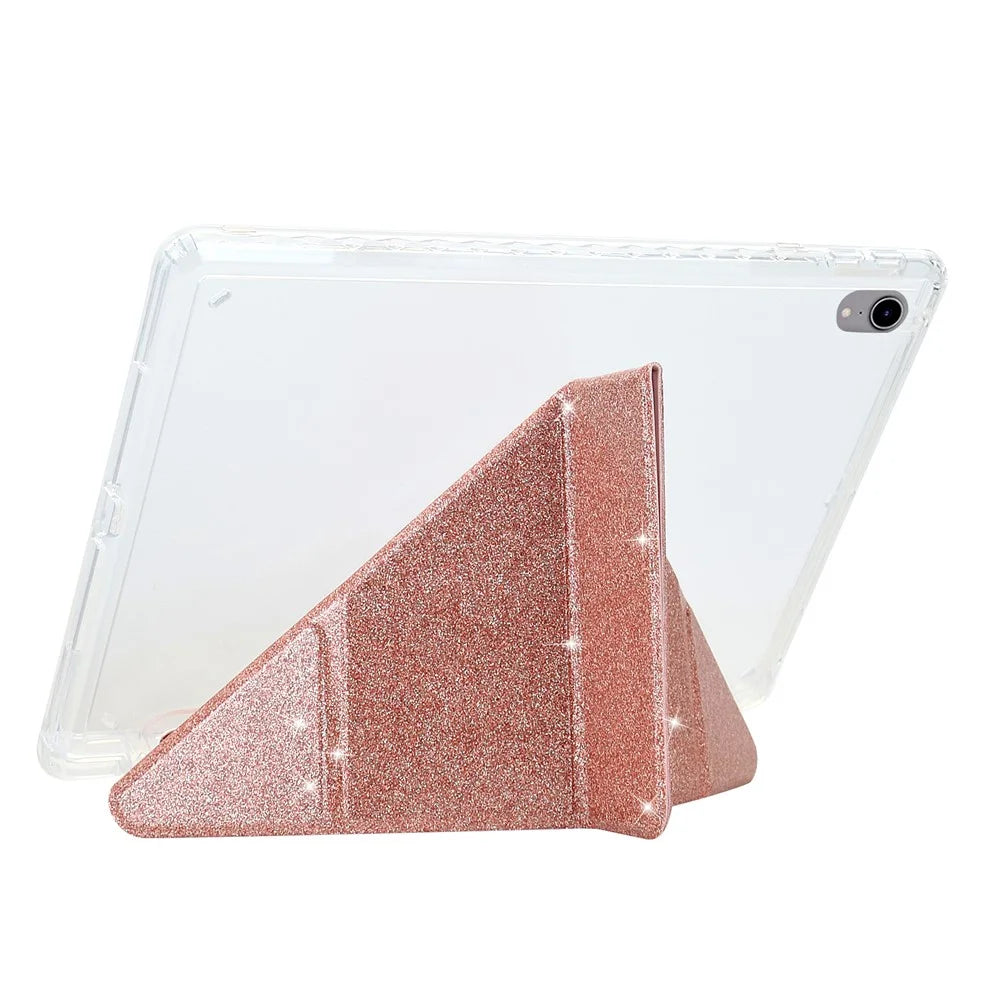 For iPad (2025)  /  10.9 (2022) Case Y-Fold Stand Glitter Leather TPU Acrylic Clear Tablet Cover - Rose Gold - 4