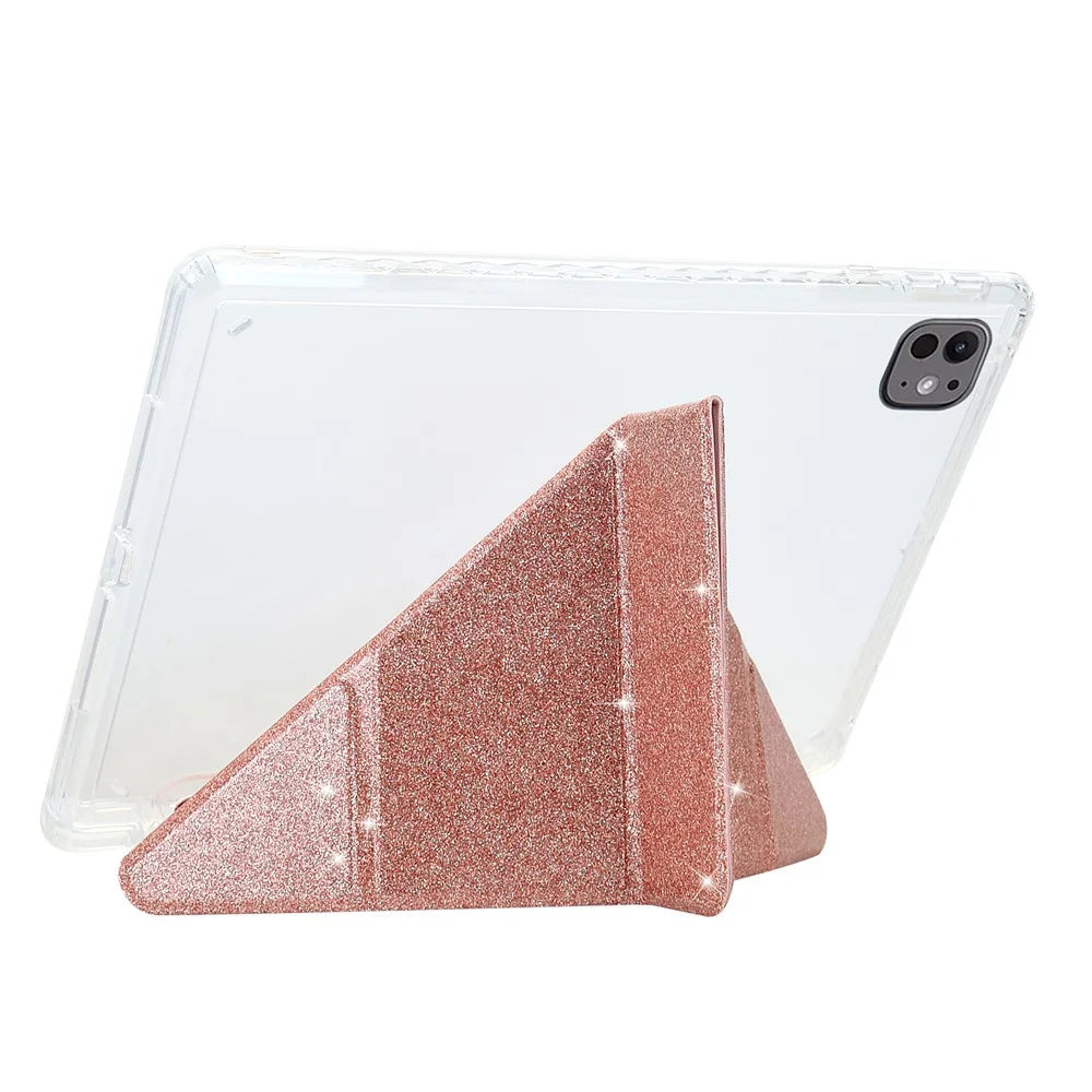 For iPad Pro 13 (2025) / 13 (2024) Case Y-Fold Stand Glitter Leather TPU Acrylic Clear Tablet Cover - Rose Gold - 4