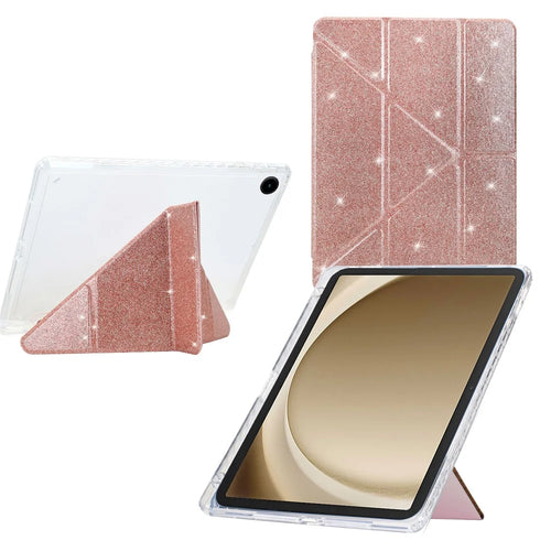 For Samsung Galaxy Tab A11+ / A9+ Case Y-Fold Stand Glitter Leather TPU Acrylic Clear Tablet Cover - Rose Gold - 1
