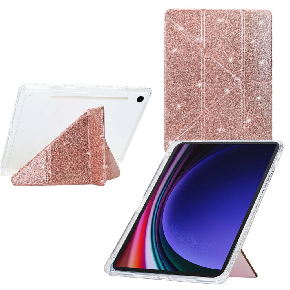 Tablet Case For Samsung Galaxy Tab S10 FE  /  S9 FE  /  S9 Y-Fold Stand Glitter Leather TPU Acrylic Clear Cover - Rose Gold - 1