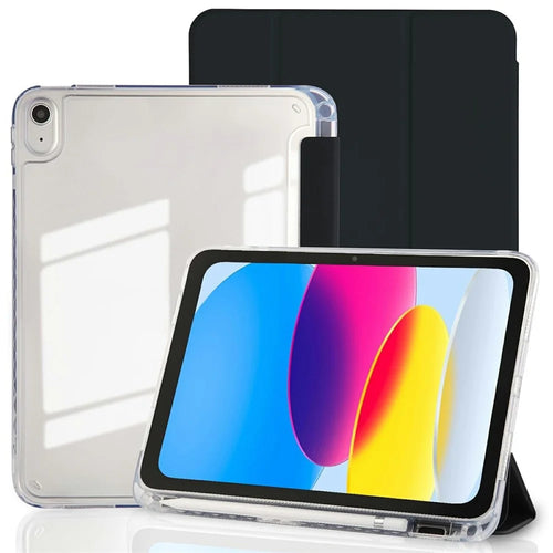 Tablet Case for iPad (2025) / iPad 10.9 (2022) Acrylic Back PU Leather Flip Cover with Pencil Slot - Black - 1