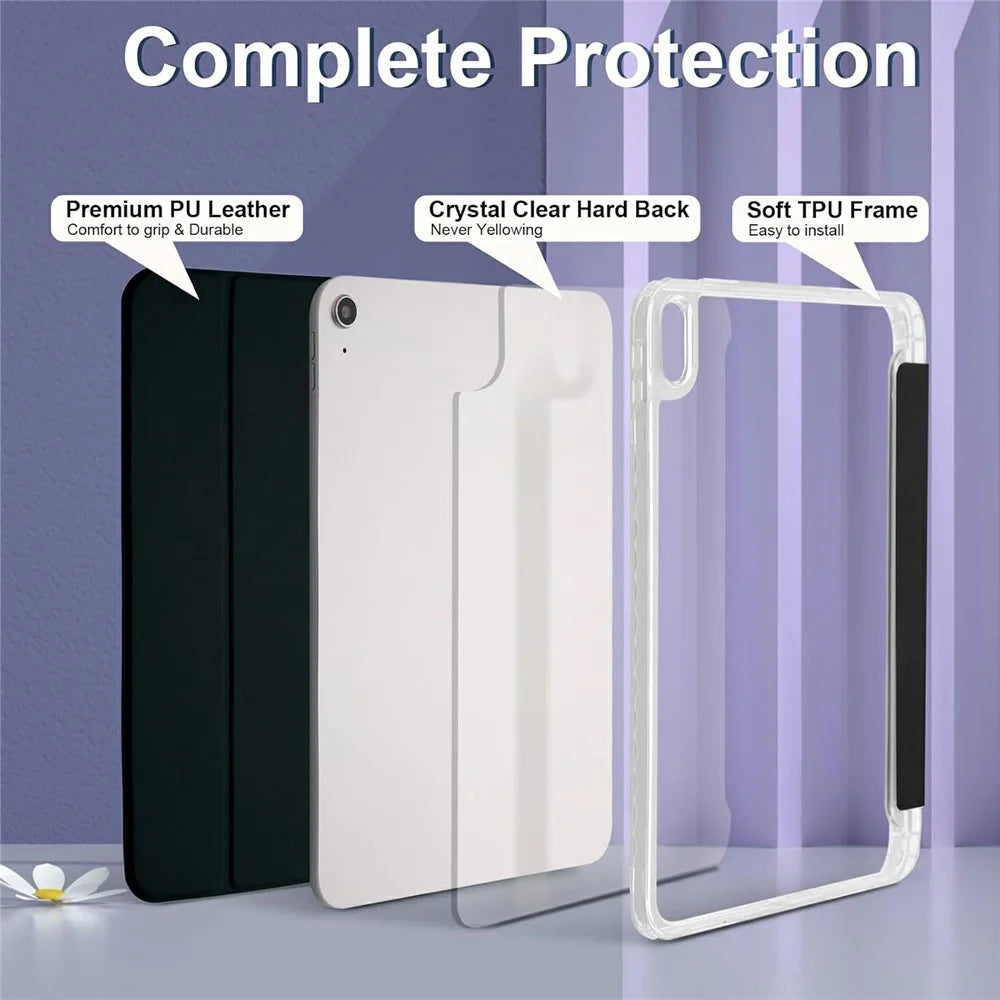 Tablet Case for iPad (2025) / iPad 10.9 (2022) Acrylic Back PU Leather Flip Cover with Pencil Slot - Black - 2