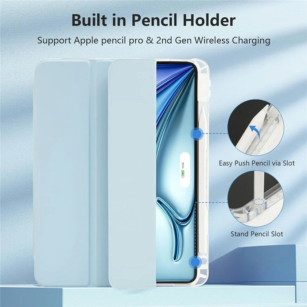 Tablet Case with Side Pencil Slot for iPad Air 11 (2026) / (2025) / (2024) Acrylic + TPU + PU Leather Flip Cover - Sky Blue - 4