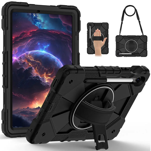For Samsung Galaxy Tab S10 Lite / S10 FE / S9 FE / S9 Case Silicone + PC Kickstand Tablet Cover with Handy Strap - Black / Black - 1
