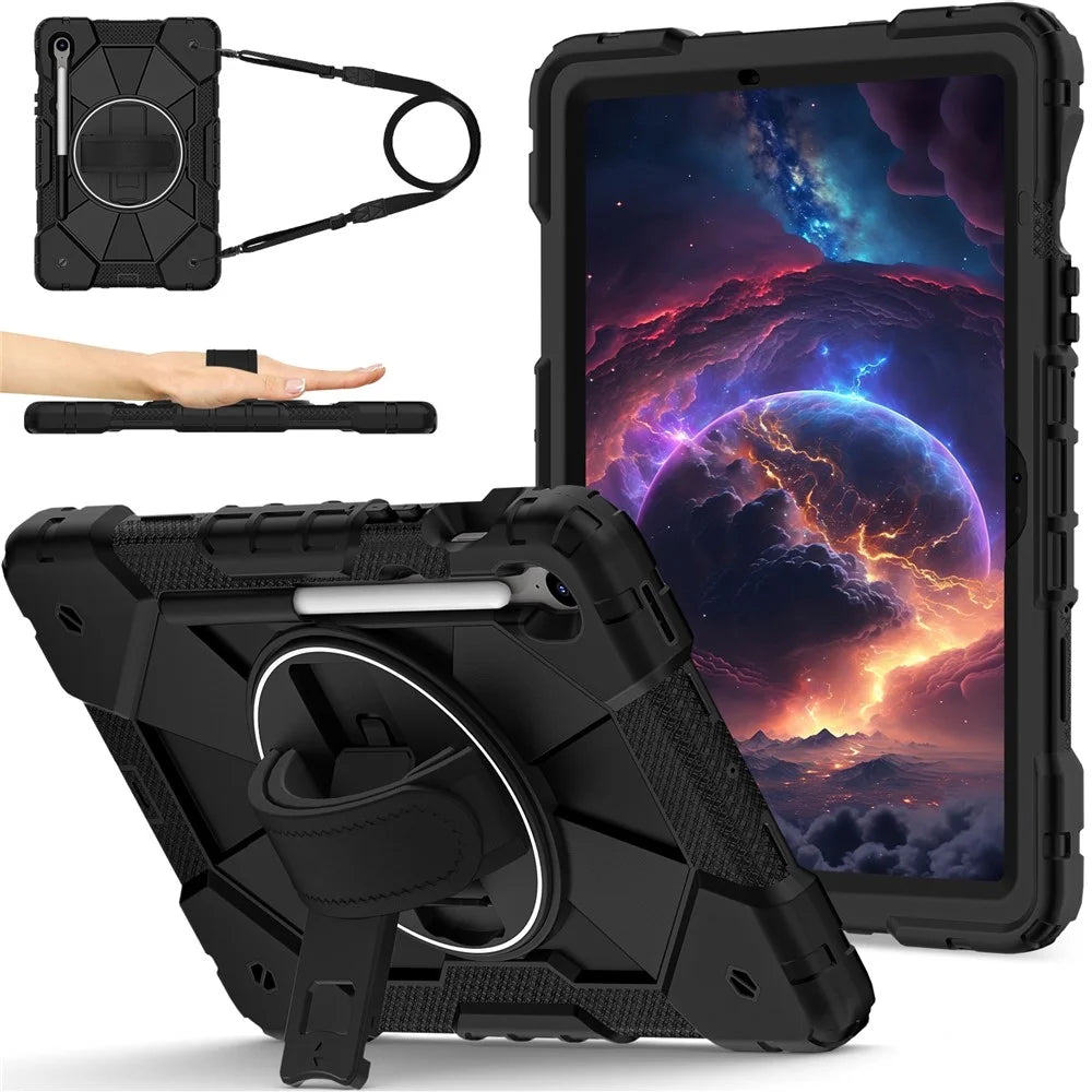 For Samsung Galaxy Tab S10 Lite / S10 FE / S9 FE / S9 Case Silicone + PC Kickstand Tablet Cover with Handy Strap - Black / Black - 2