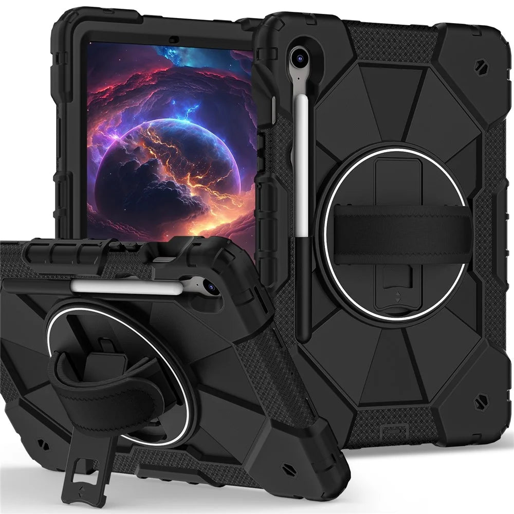 For Samsung Galaxy Tab S10 Lite / S10 FE / S9 FE / S9 Case Silicone + PC Kickstand Tablet Cover with Handy Strap - Black / Black - 3