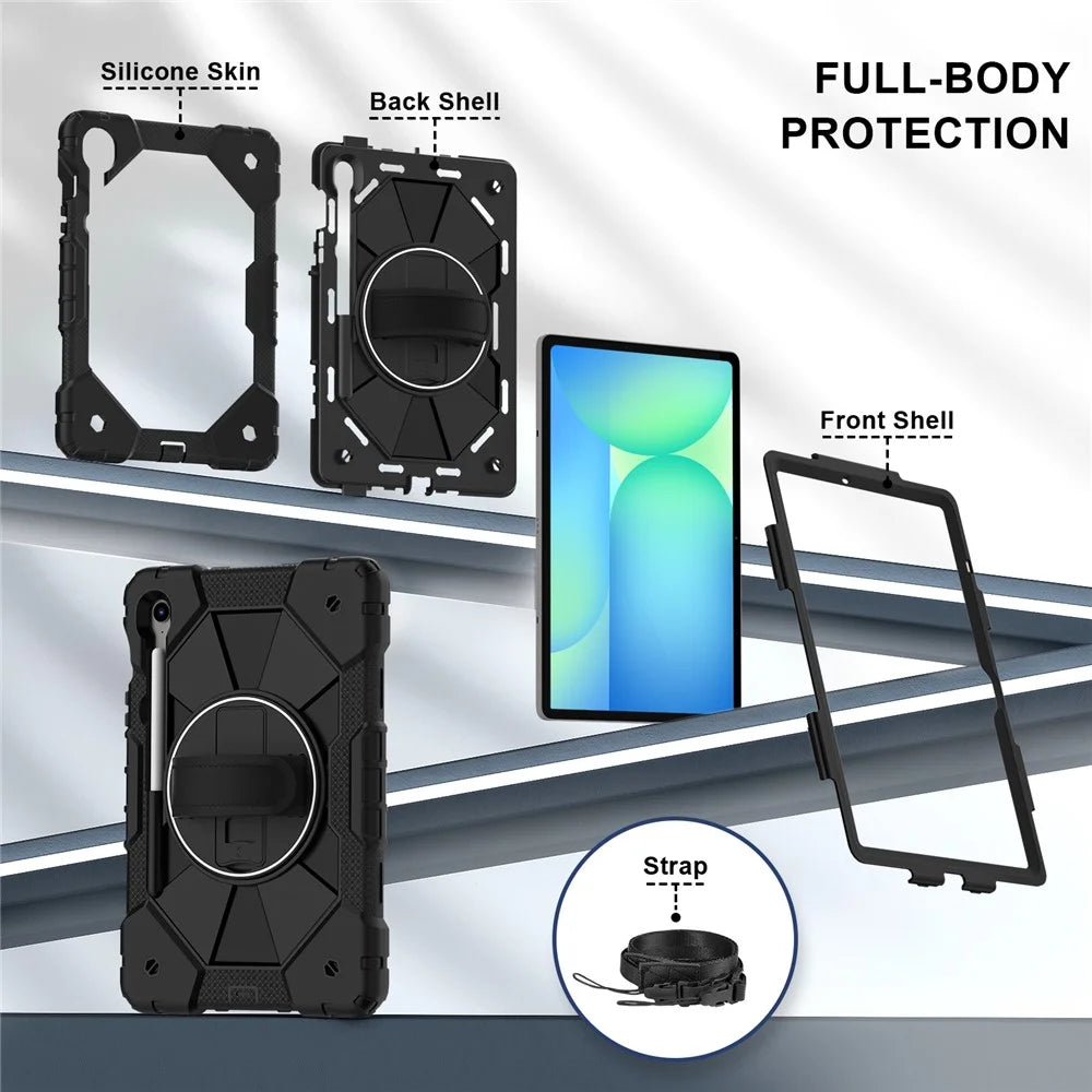 For Samsung Galaxy Tab S10 Lite / S10 FE / S9 FE / S9 Case Silicone + PC Kickstand Tablet Cover with Handy Strap - Black / Black - 4