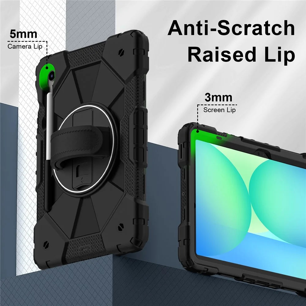 For Samsung Galaxy Tab S10 Lite / S10 FE / S9 FE / S9 Case Silicone + PC Kickstand Tablet Cover with Handy Strap - Black / Black - 5