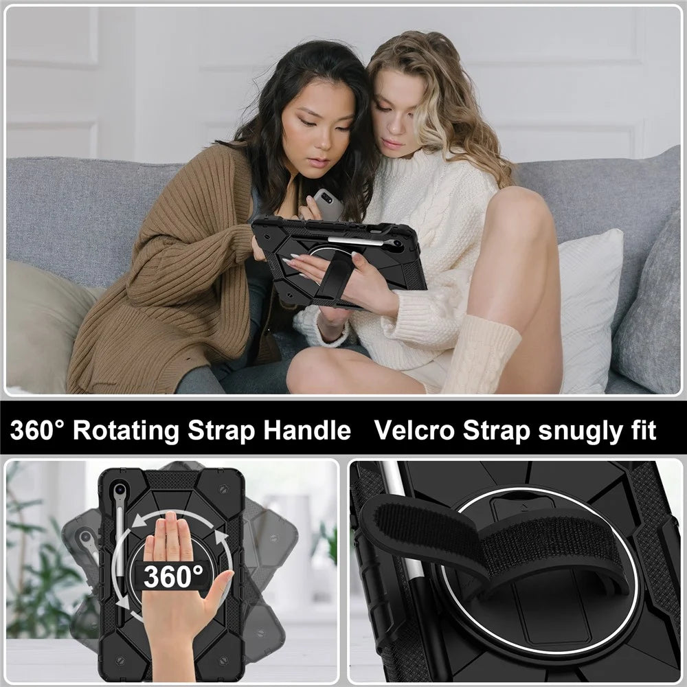 For Samsung Galaxy Tab S10 Lite / S10 FE / S9 FE / S9 Case Silicone + PC Kickstand Tablet Cover with Handy Strap - Black / Black - 6