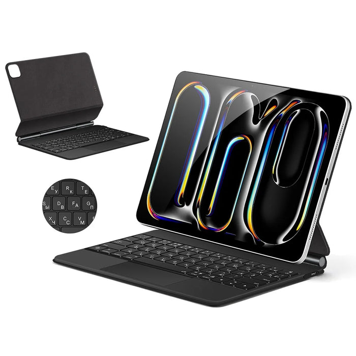 For iPad Pro 11 (2025) / (2024) Smart Pogo Pin Direct Connection Keyboard (Russian Layout) + Leather Tablet Case - Black - 2
