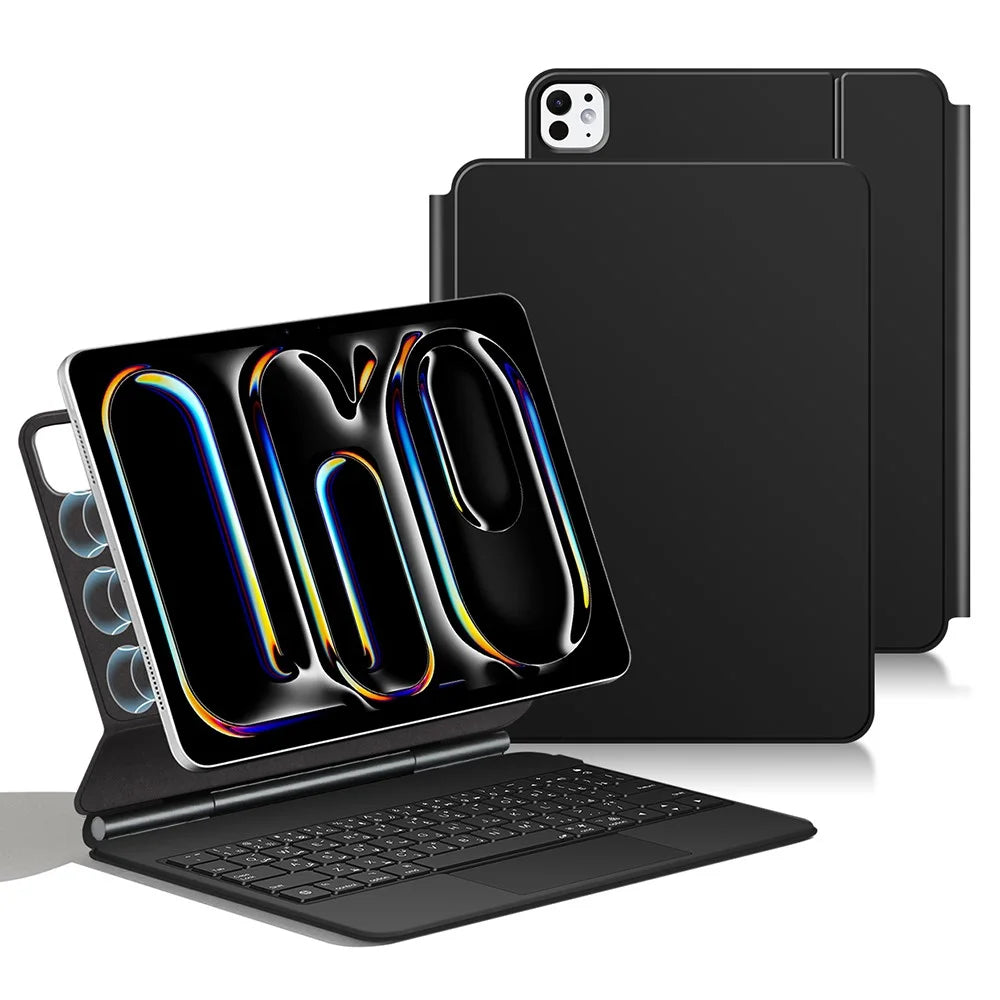 For iPad Pro 11 (2025) / (2024) Smart Pogo Pin Direct Connection Keyboard (Arabic Layout) + Leather Tablet Case - Black - 1