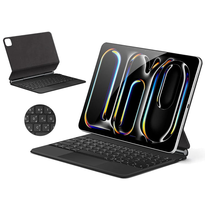 For iPad Pro 11 (2025) / (2024) Smart Pogo Pin Direct Connection Keyboard (Arabic Layout) + Leather Tablet Case - Black - 2