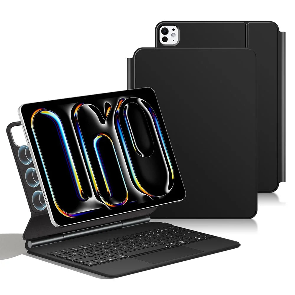 For iPad Pro 13 (2025) / 13 (2024) Smart Pogo Pin Direct Connection Keyboard + Leather Tablet Case - Black - 1