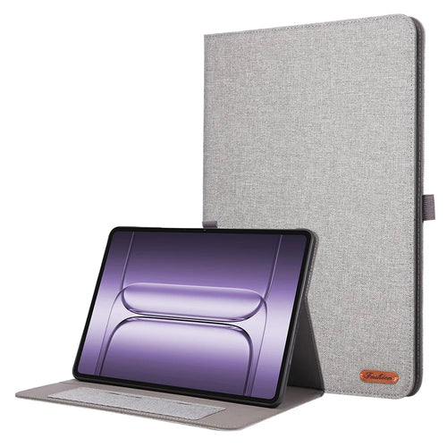 For OnePlus Pad 3 Case with Stand Card Holder Cloth Texture Leather Tablet Cover - Grey - 1